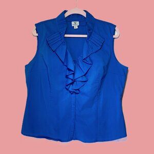 Worthington XL Stretch Blue Ruffle Blouse Sleeveless Collared Button-Front